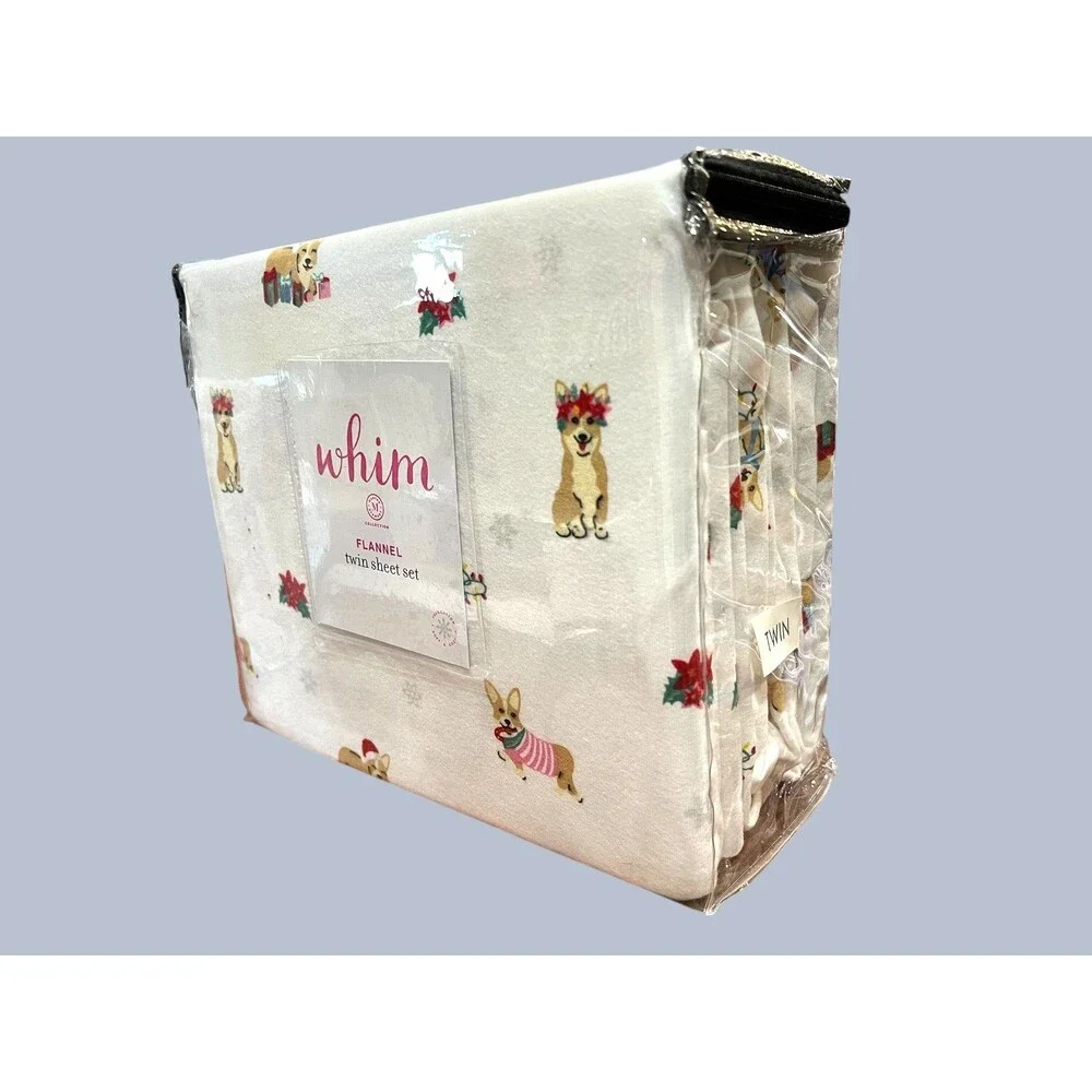 Martha Stewart Whim Collection Christmas Corgi 3-pc Twin Flannel Sheet Set  NIB